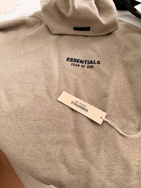 ESSENTIALS Hoodie in Heather Grey with black logo Small